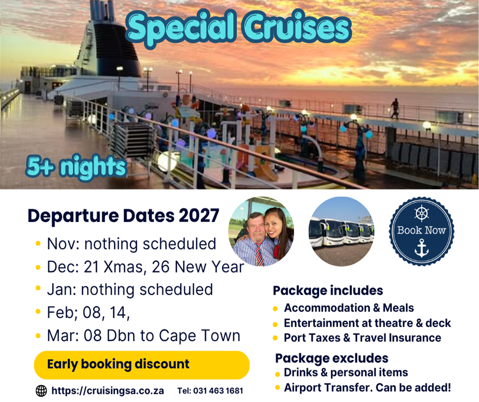 Special Cruises from Durban to Cape Town and the Christmas and New Year Cruises Departure Dates